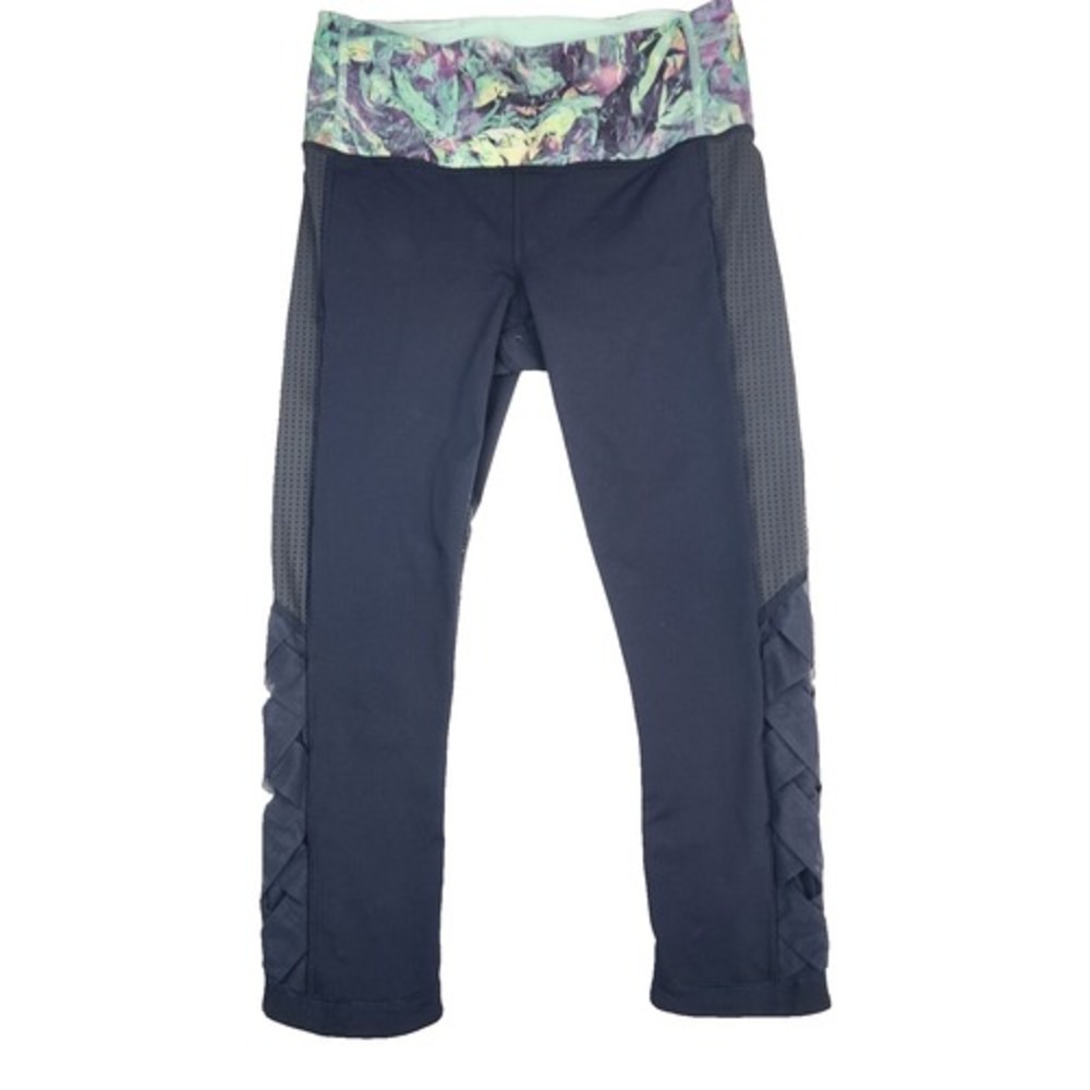 Lululemon Black Cropped Leggings w/ Teal/Purple Cracked Ice Waistband, Size 6